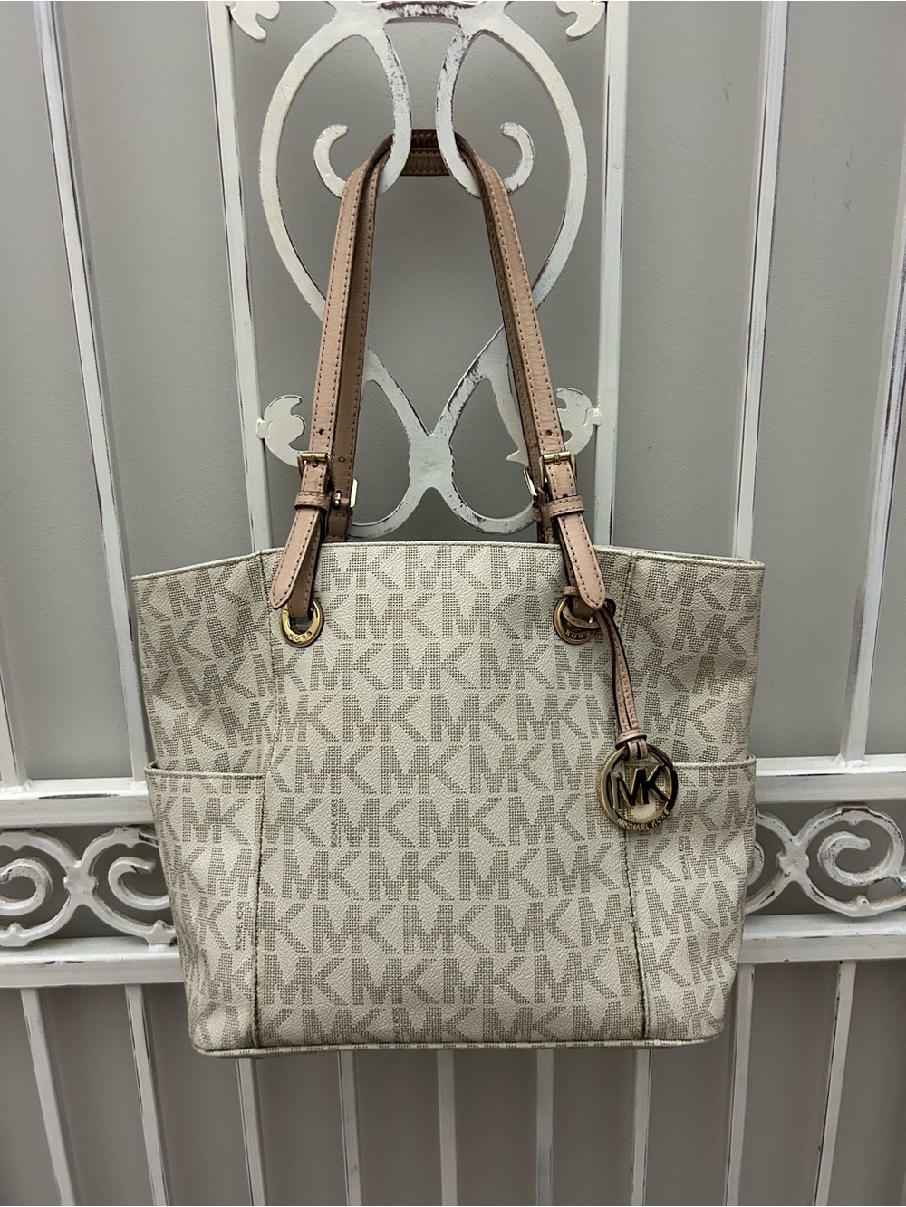 Michael Kors Beige Logo Tote with Light Pink Straps